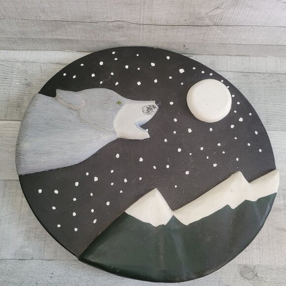 Handcrafted Wooden Wall Art: Wolf Howling At Moon Over Mountains - Picture 1 of 9